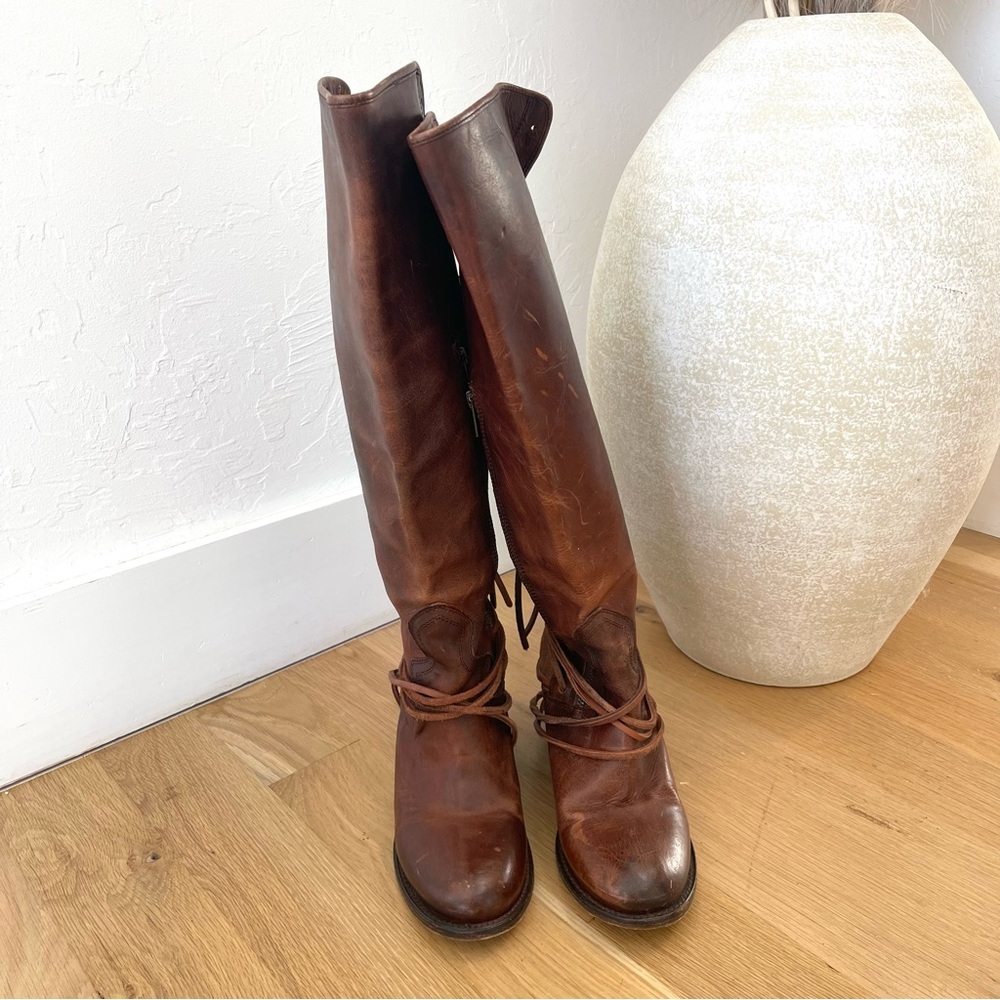 Freebird by Steven Coal Brown Cognac Leather Tall Tie Back Heeled Boots Size 8 - Picture 2 of 12